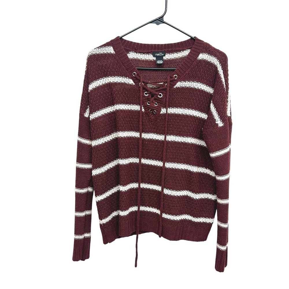 Striped Lace Up Knit Sweater Womens M Burgundy White Indie Grunge
